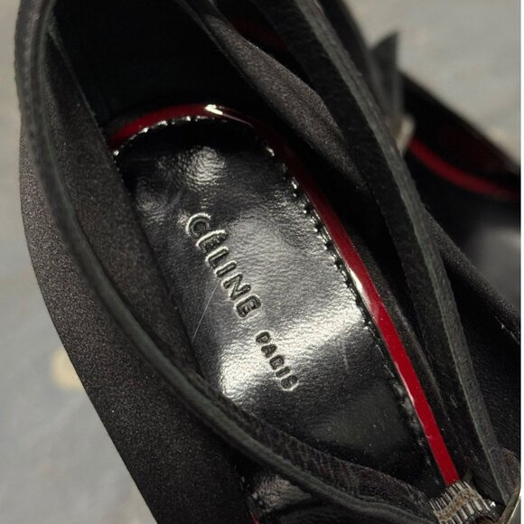 CELINE Archival Black Satin Wooden Wedge Heel Ankle Strap Shoes PHOEBE PHILO ERA - Picture 10 of 12